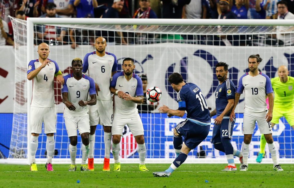  Lionel Messi aims a strike at goal against USA in the Copa America semi-final