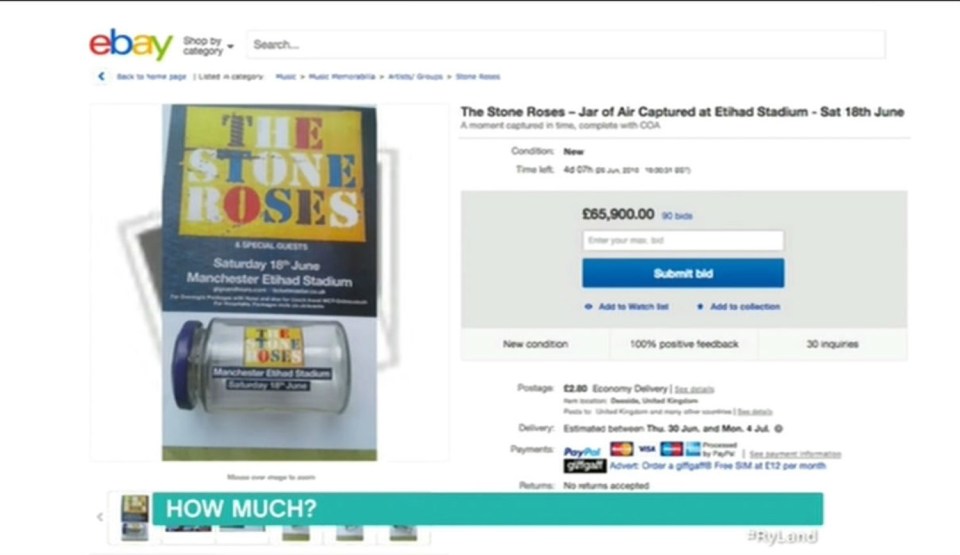  A fan has posted a jar of air from the Stone Roses concert on eBay