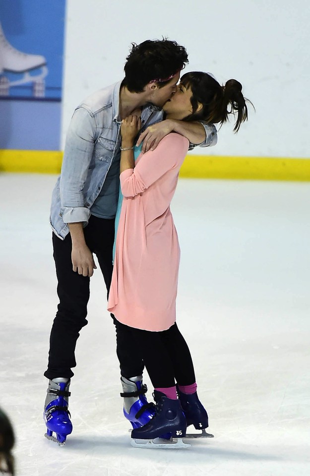 Roxanne Pallett and new boyfriend Elliot James Langridge share a kiss during an ice skating session 