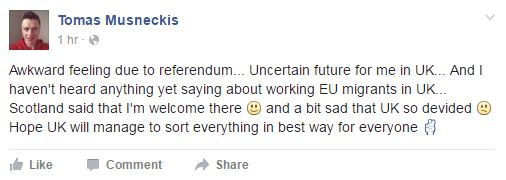  Migrants like Tomas Musneckis will welcome the news that Vote Leave said EU citizens already here will be allowed to stay