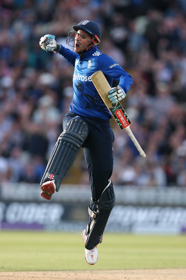  Hales jumps for joy after hitting his third ODI hundred