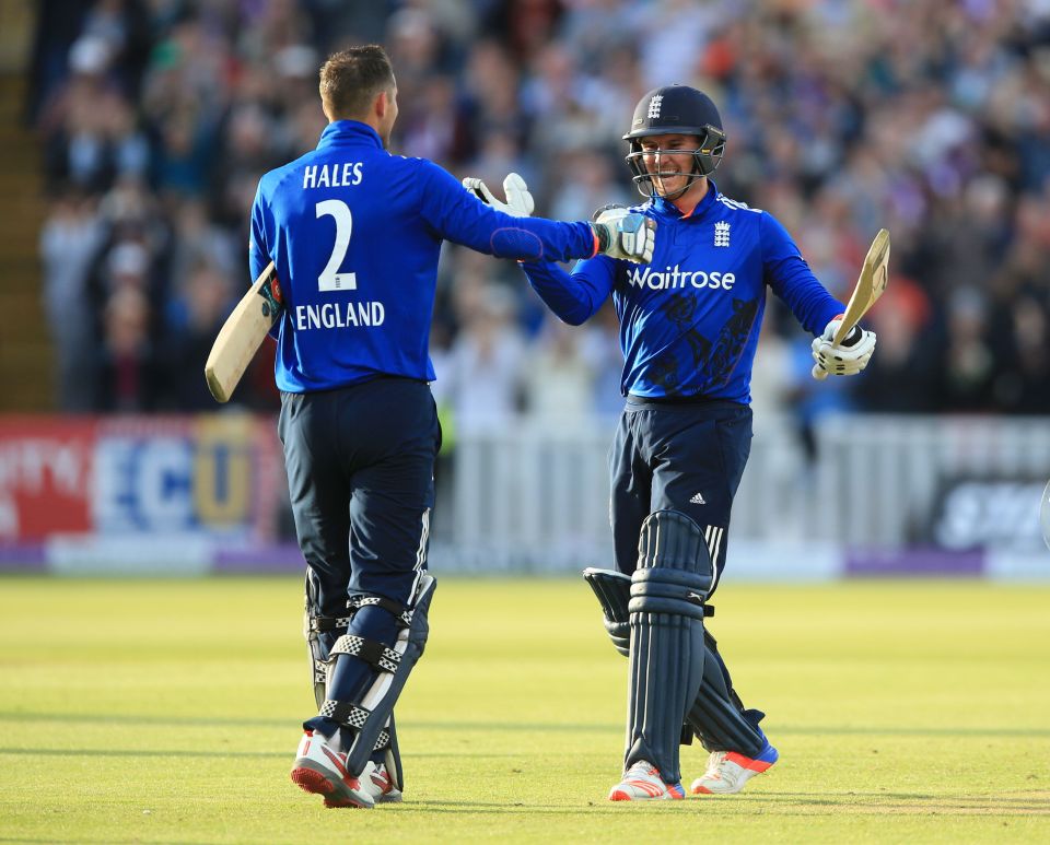  Alex Hales is congratulated by Jason Roy after going to his 100