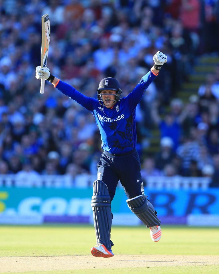  Jason Roy celebrates following Hales to three figures