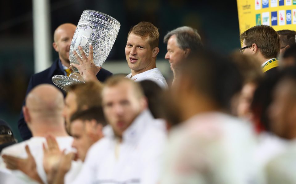  Captain Dylan Hartley holds the Cook Cup after a England recorded a series whitewash over Australia