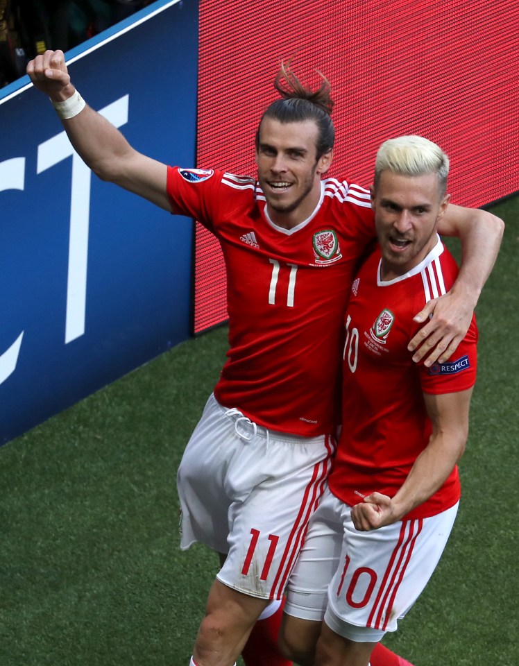  Gareth Bale and Aaron Ramsey celebrate the only goal of the game for Wales