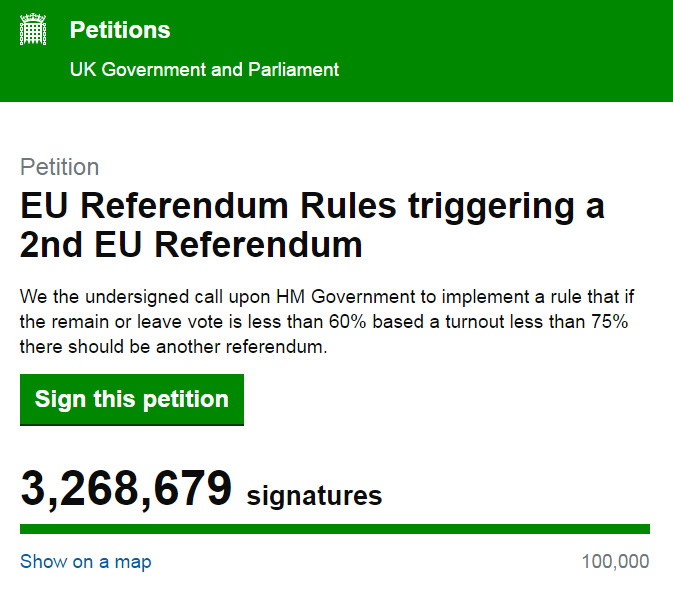  A petition calling for a second EU referendum has more than three million signatures