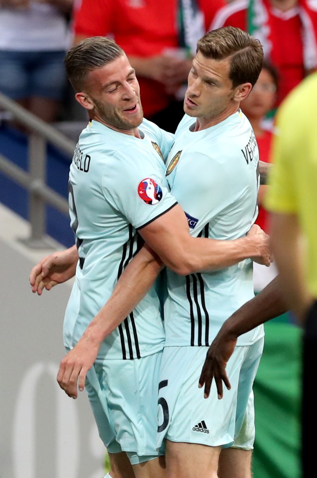 Vertonghen celebrates Toby Alderweireld's opening goal against Hungary with his Spurs team-mate