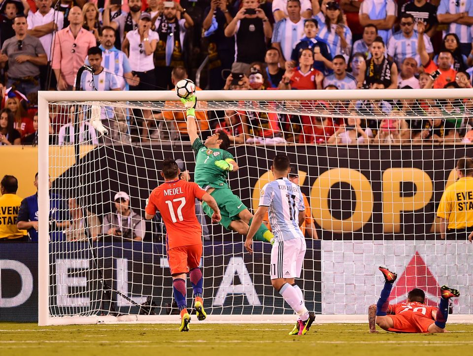 Claudio Bravo pulls off a stunning save to deny Sergio Aguero in extra-time