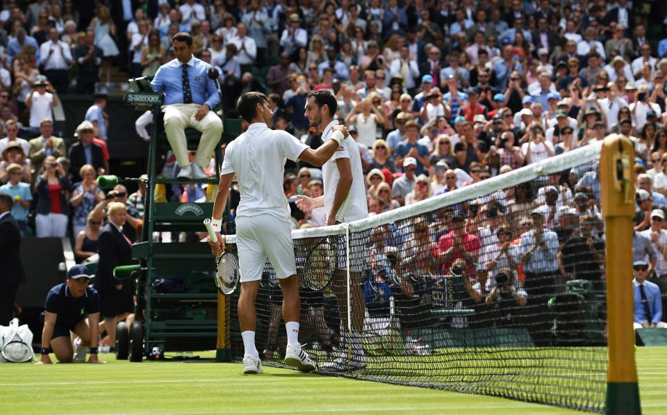  Novak Djokovic commiserates James Ward after winning Wimbledon opener