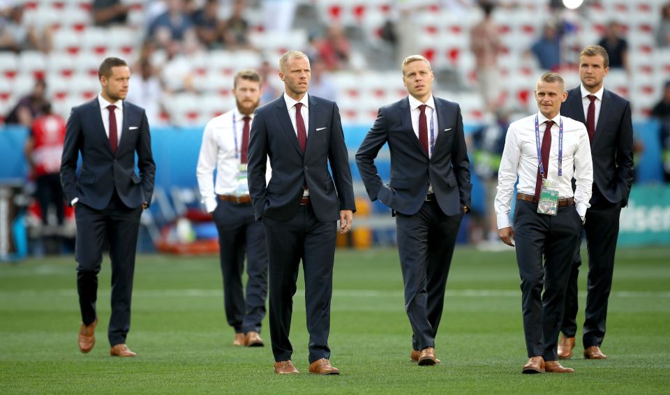  Iceland players take a stroll around the Stade de Nice