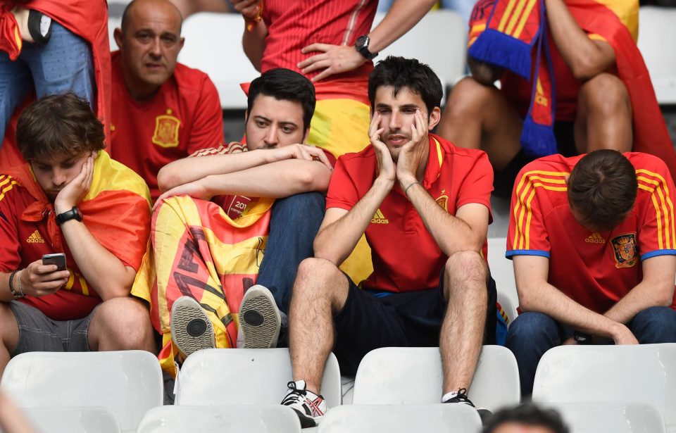  Spain fans show their emotion after being knocked out of Euro 2016