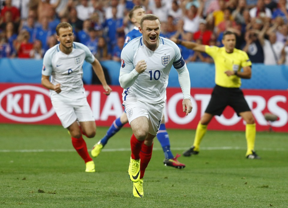 Wayne Rooney celebrates after his penalty put England one-up against Iceland