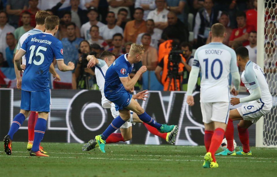 Kolbeinn Sigthorsson fires in a low shot that beat Joe Hart to put Iceland ahead