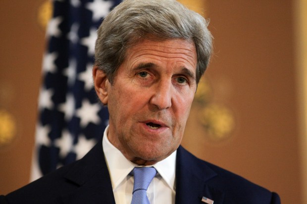 US Secretary of State John Kerry holds a joint press conference after their meeting with British Foreign Secretary Philip Hammond at the Foreign and Commonwealth Office (FCO) in central London on Monday, June 27, 2016. Kerry says the negotiations for Britain to leave the European Union must not "cut the nose off to spite the face". He believes Britain and the EU can protect shared values and remain strong U.S. partners. (Daniel Leal-Olivas/Pool photo via AP)