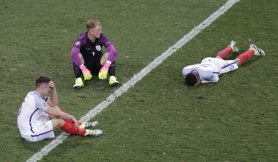  England players react after the full time whistle blows in Nice