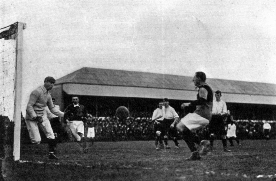  Leigh (far left) in action...it was on the pitch where the superstar had most flair