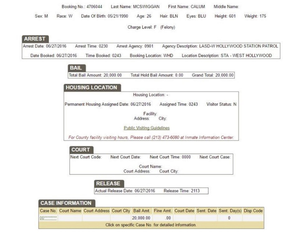  Police released McSwiggan's arrest details and said that there was no evidence to suggest he had been assaulted