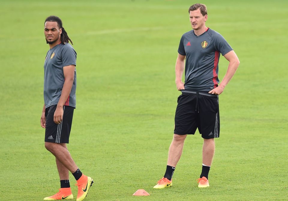 Jan Vertonghen with fellow Belgium defender Jason Denayer at training before his injury