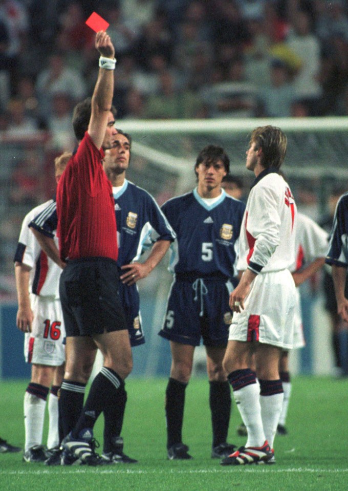  David Beckham saw red for kicking out at now Atletico Madrid boss Diego Simeone when England last took to the Saint Etienne turf at the 1998 World Cup