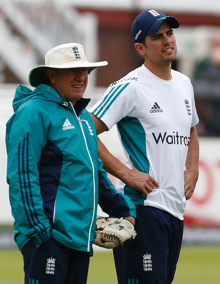  England Test captain Alastair Cook talks to Bayliss, who is also ODI supremo