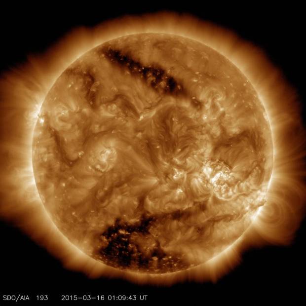 A 'coronal hole' can be seen at the bottom of this stunning image of The Sun