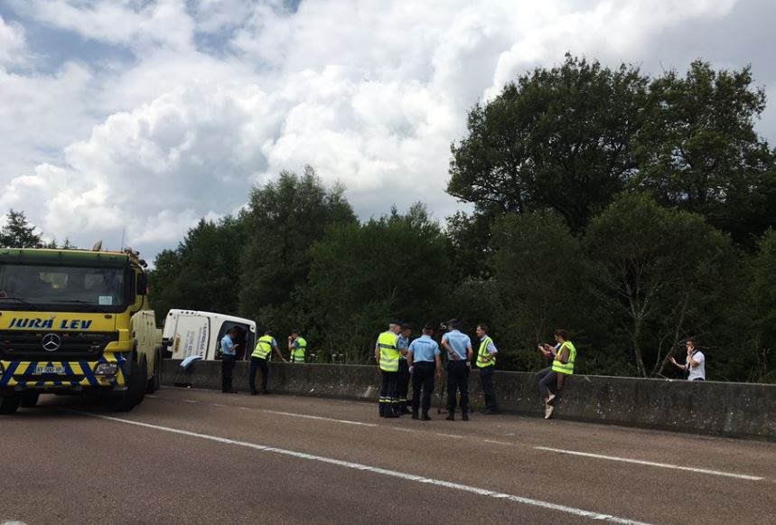  Thirteen teens were injured after the bus toppled into a ditch on a stretch of motorway near Lons-le-Saunier