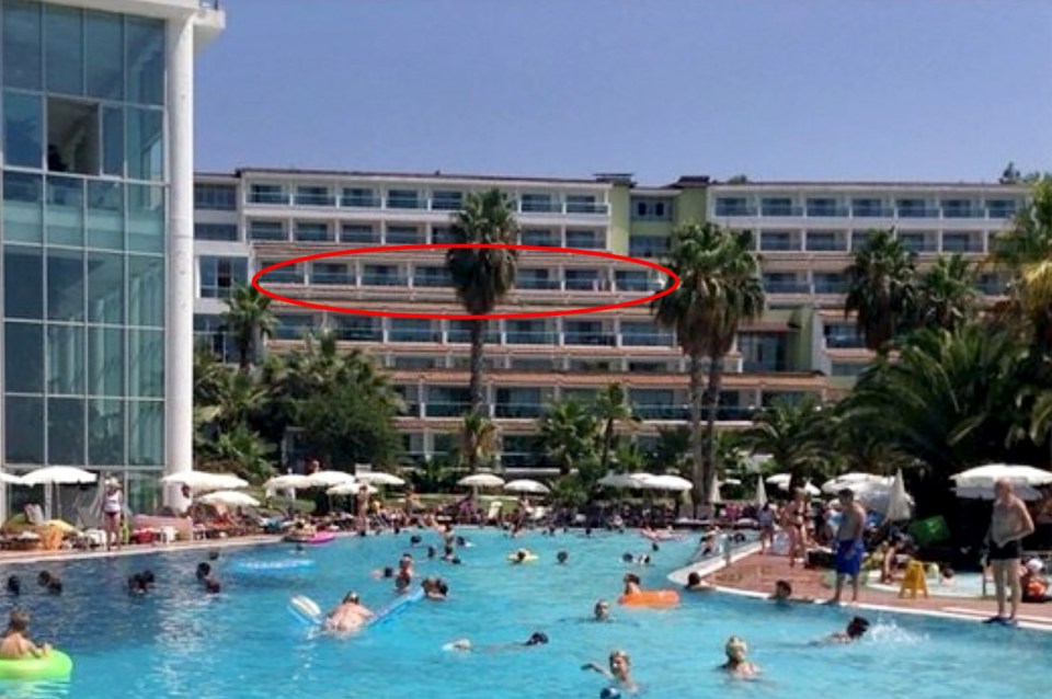  Incredibly he survived the 45ft fall from the balcony of the Pine Bay Resort Hotel in Kusadasi