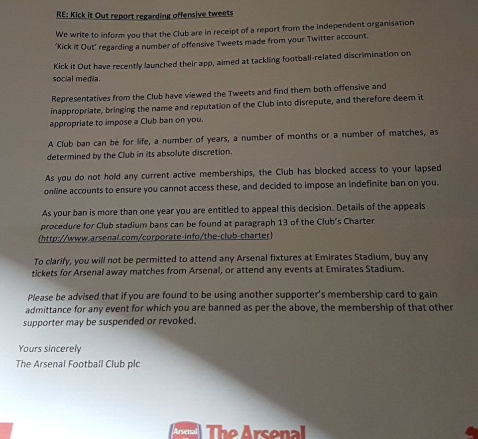  Letter from Arsenal issuing ban posted by Arsenal blogger Le Grove who agrees with the club