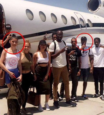  High society ... Sterling, pictured above circled top right with Elise top left, flew them from London to LA earlier this month, then on to a private jet to his Jamaican hideaway