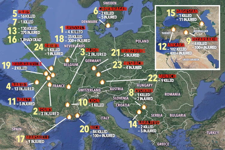  Map of terror: The Rouen church murder is the latest in a series of chilling attacks on European soil by Islamic extremists over the past two years