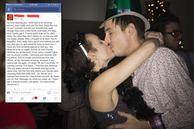 Guy smooches girl in a bar and leaves this skin-crawlingly cringey message on her Facebook