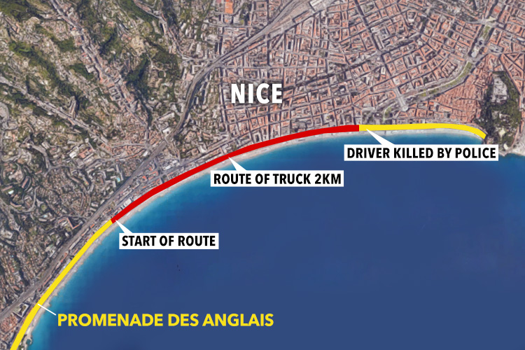  The fanatic mowed down dozens of victims as he careered along 2km of the promenade in Nice