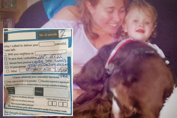 Working mum shares outrage at Hermes parcel note which tells her to stop shopping online as she's 'never home' for the delivery