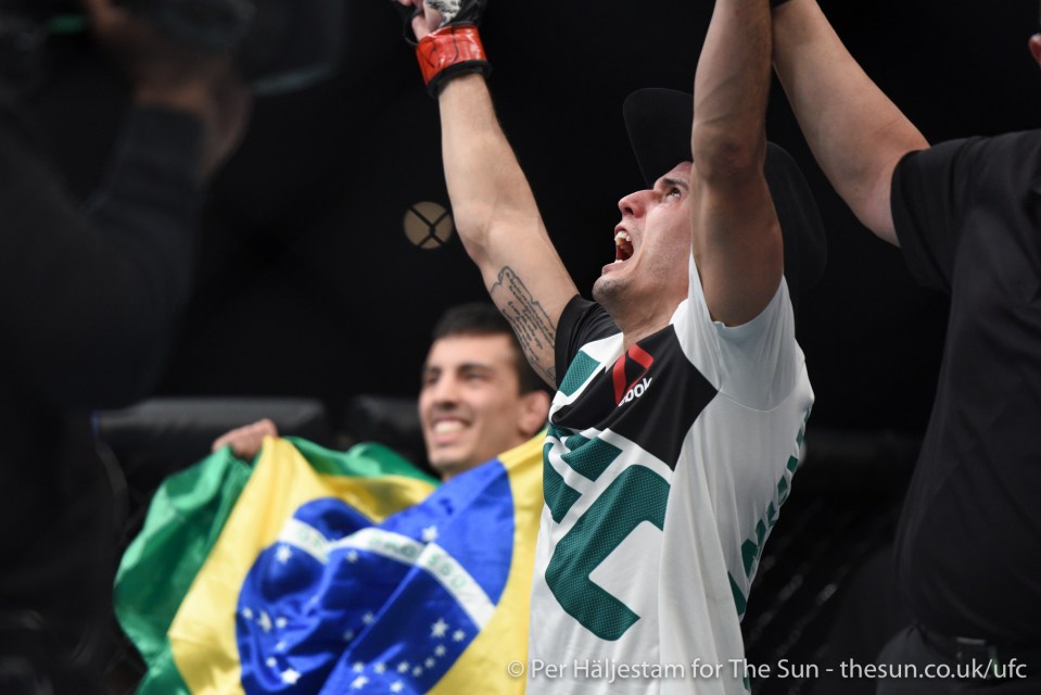  The elation of victory: Felipe Arantes celebrates his submission victory