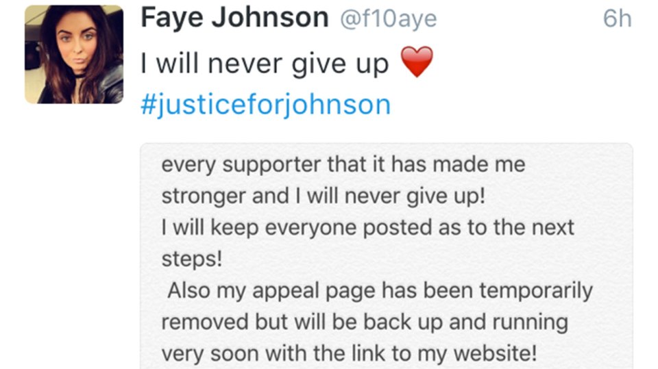  Faye Johnson shared the news on Twitter, adding 'I will never give up'