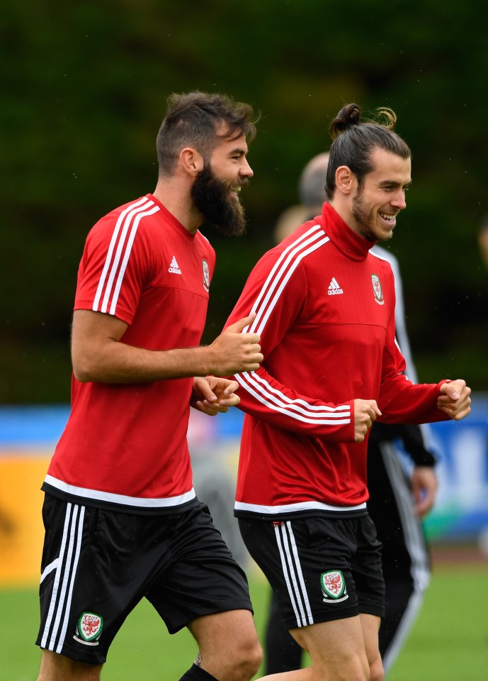  Joe Ledley shares a joke with Gareth Bale during Euro 2016 training for Wales