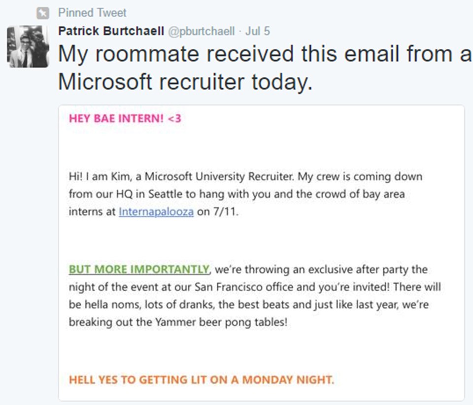  as become the butt of an Internet joke, after an email promising interns “hella noms” and “beer pong” at a party to encourage new recruits was leaked