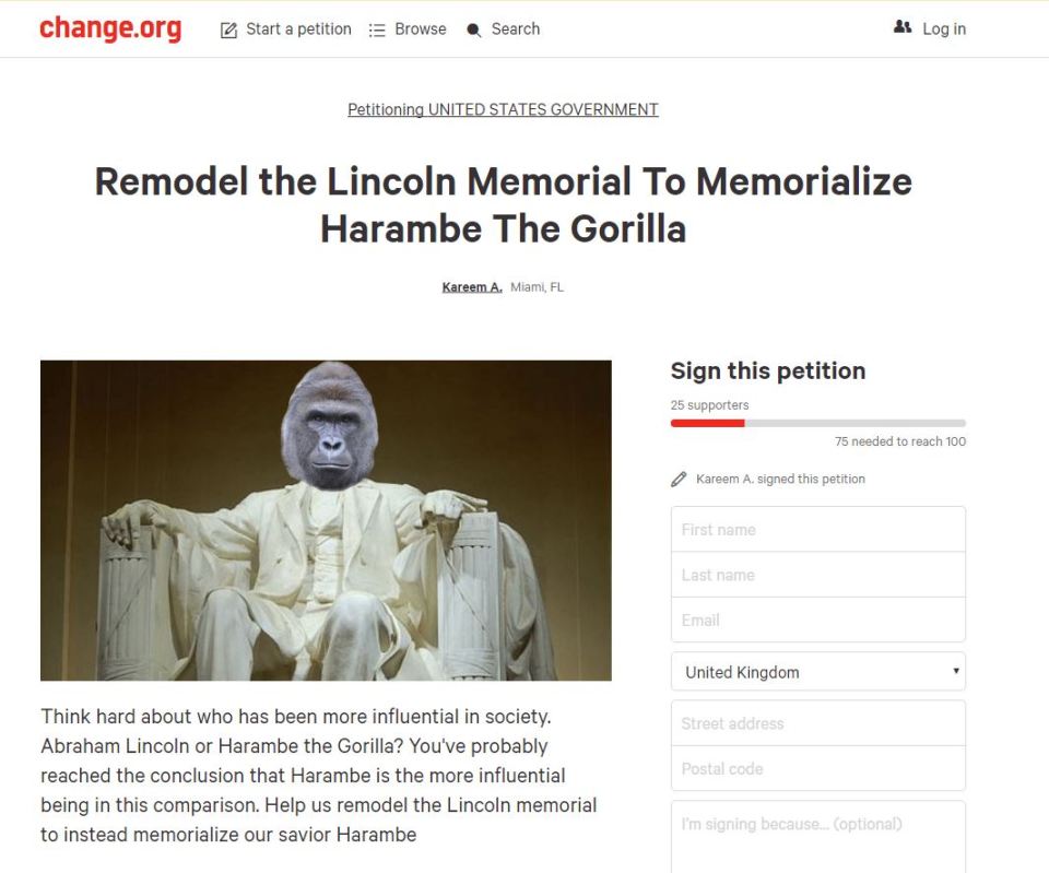  This petition on Change.org calls for a famous American monument to be changed into a Harambe memorial