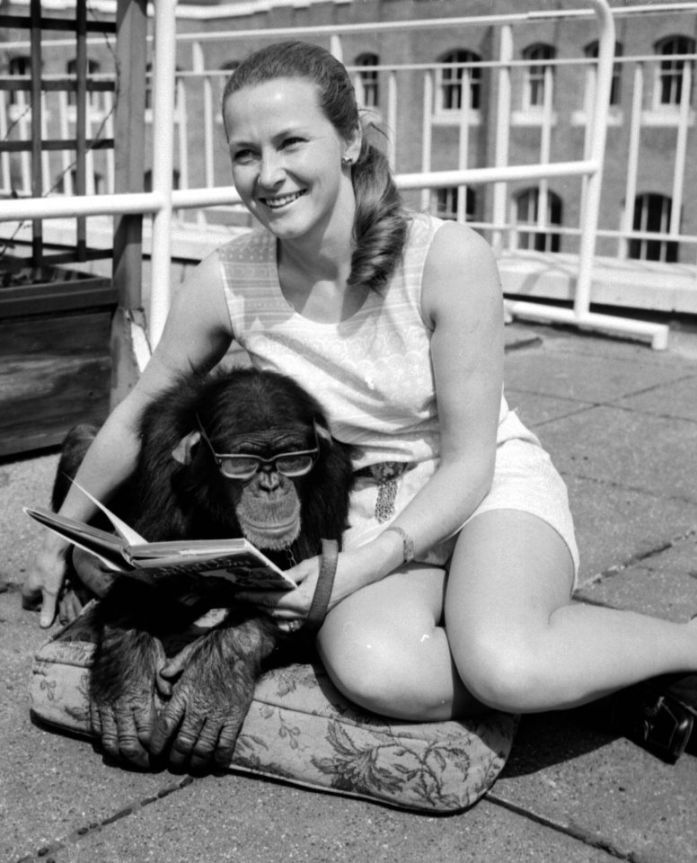  Mary Chipperfield, the animal trainer and a chimpanzee posing for the cameras