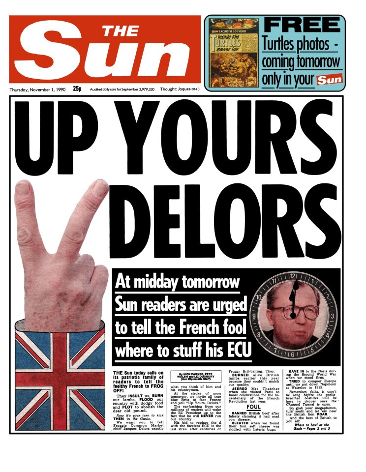  Front page of The Sun in 1990