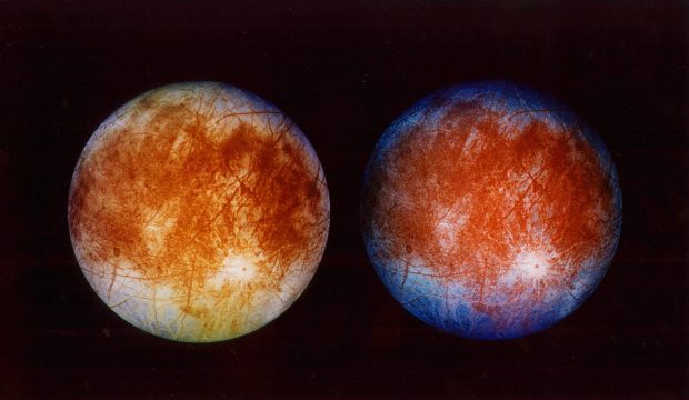 Two views of Jupiter's ice-covered moon, Europa