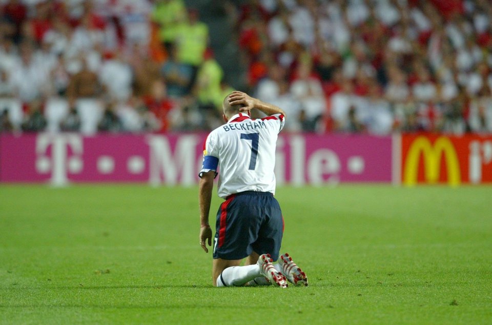  Former England captain David Beckham is dejected after the Three Lions' defeat to Portugal in the quarter-final in 2004 which sent them crashing out of the Euros