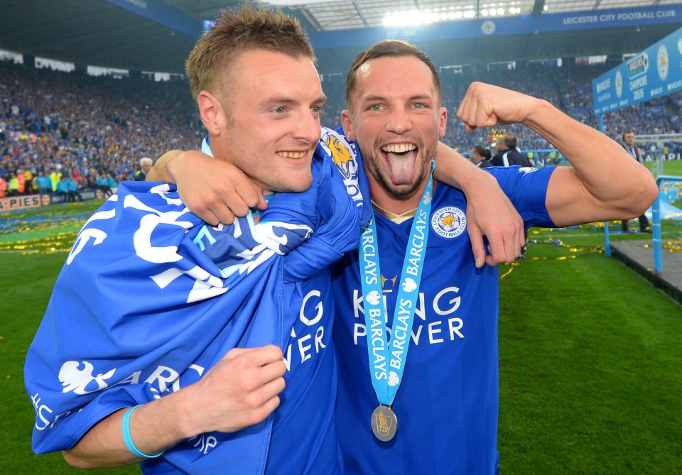  Danny Drinkwater r) celebrates with striker Jamie Vardy after Leicester won the Premier League