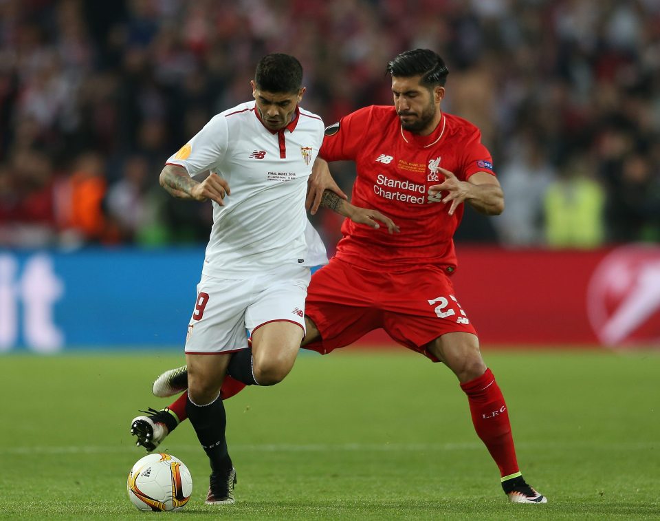  Ever Banega takes on Liverpool's Emre Can during their 2016 Europa League final clash