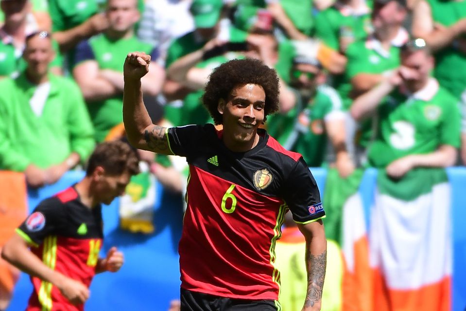 Belgium's midfielder Axel Witsel celebrates after scoring a goal during the Euro 2016 group E football match between Belgium and Ireland at the Matmut Atlantique stadium in Bordeaux on June 18, 2016. / AFP PHOTO / EMMANUEL DUNANDEMMANUEL DUNAND/AFP/Getty Images