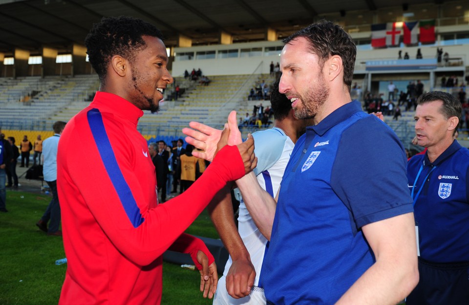 AVIGNON, FRANCE - MAY 29: Kasey Palmer of England(L) celebrates with Gareth Southgate, Coach of England during the Final of the Toulon Tournament between England and France at Parc Des Sports on May 29, 2016 in Avignon, France. (Photo by Harry Trump/Getty Images)