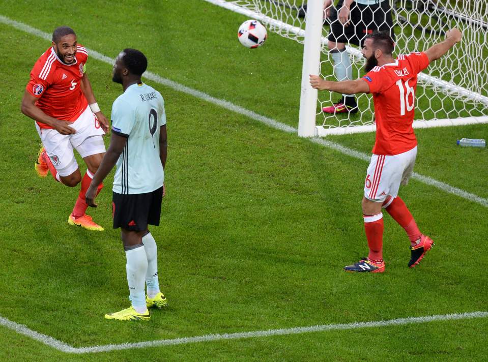  Ashley Williams wheels away after scoring for Wales in the quarter-final of Euro 2016 against Belgium