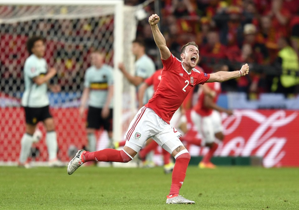  Chris Gunter celebrates Ashely Williams' goal against Belgium