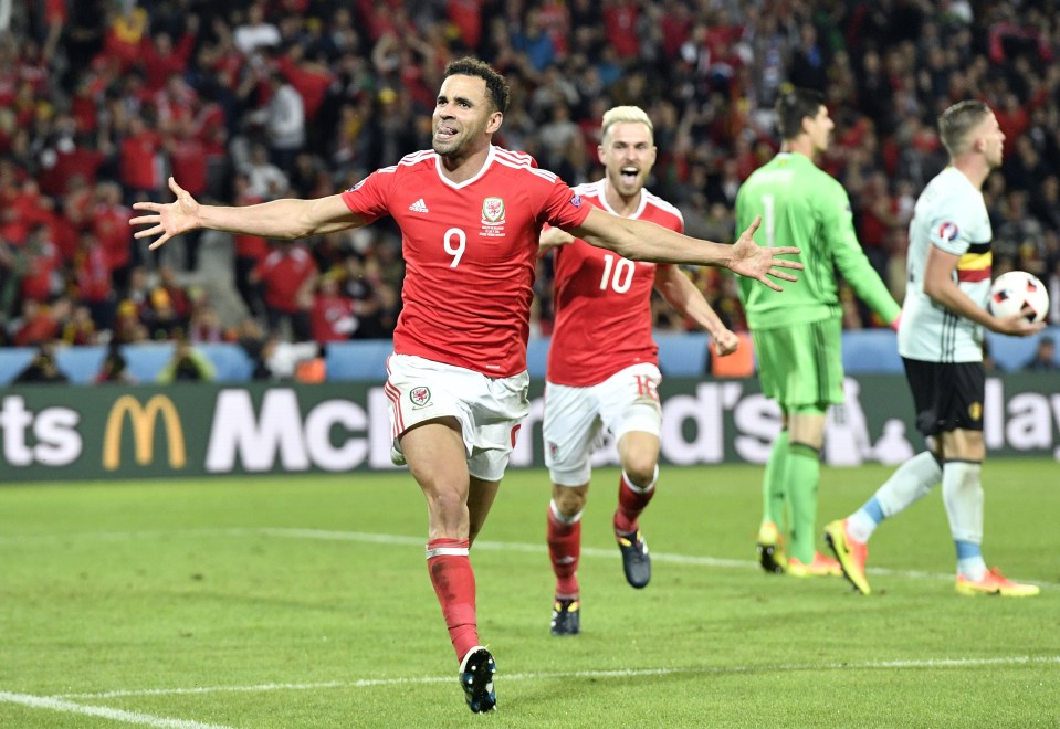  Hal Robson-Kanu celebrates his stunning goal against Belgium in last-eight