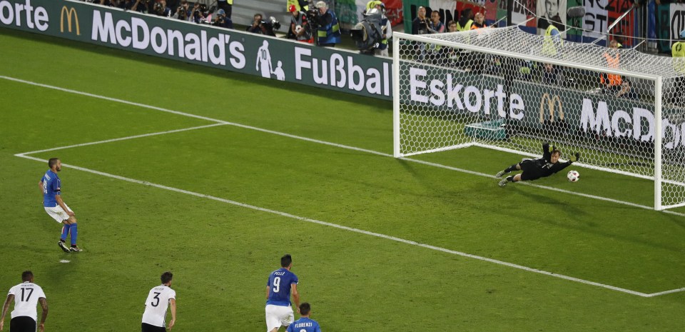  Leonardo Bonucci equalises from the penalty spot in normal time for Italy